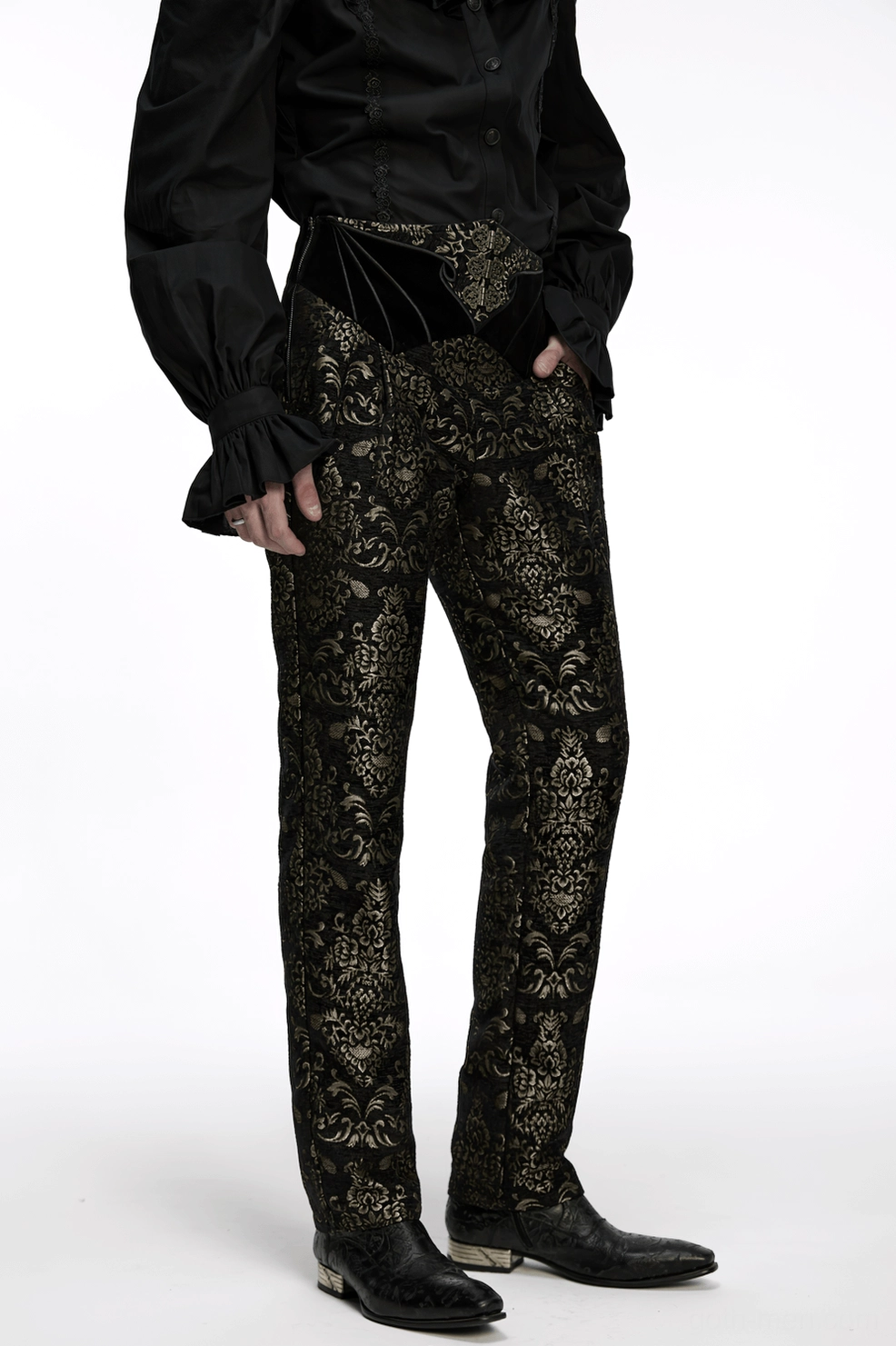 Styled photograph of black and gold jacquard gothic pants as part of complete gothic outfit ensemble showing versatile styling potential