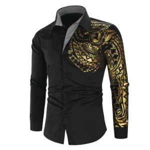 Black gothic men's shirt with gold tribal print front view slim fit long sleeve