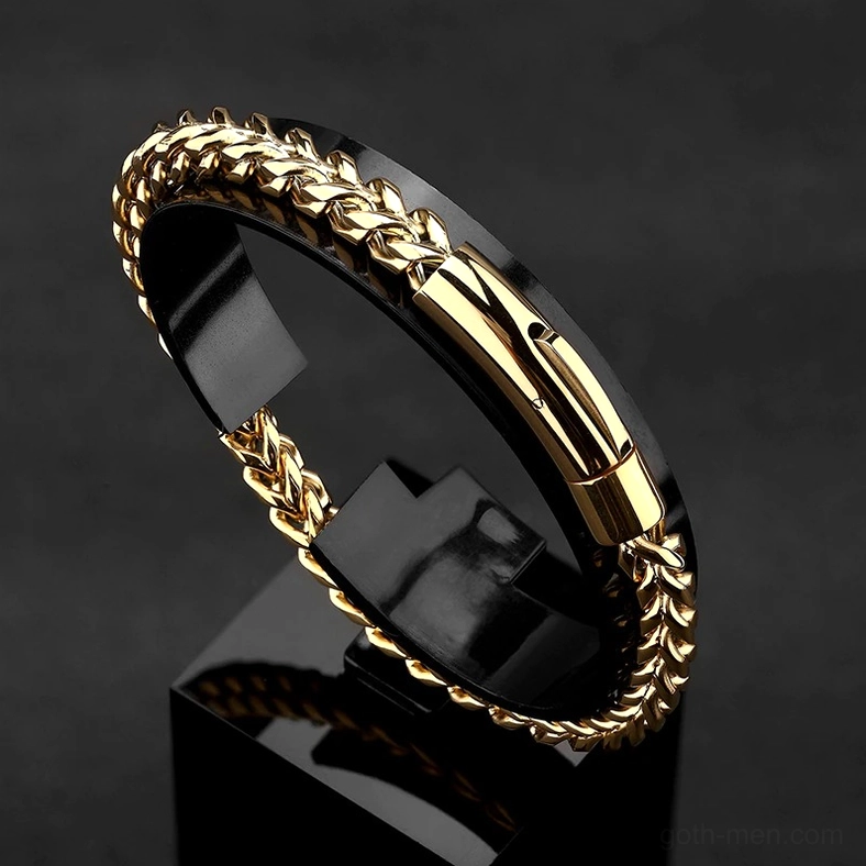 Black and gold two-tone stainless steel gothic braided curb chain bracelet - three-quarter view