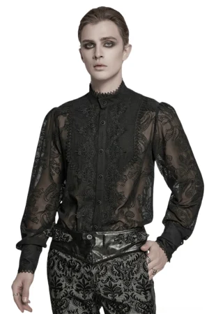 Black gothic chiffon shirt with embroidered paisley pattern and lace collar, front three-quarter view on model