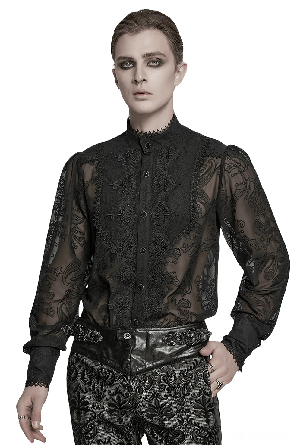 Black gothic chiffon shirt with embroidered paisley pattern and lace collar, front three-quarter view on model