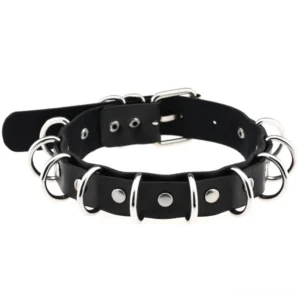 Black faux leather gothic choker with silver metal rings and adjustable link chain closure on white background