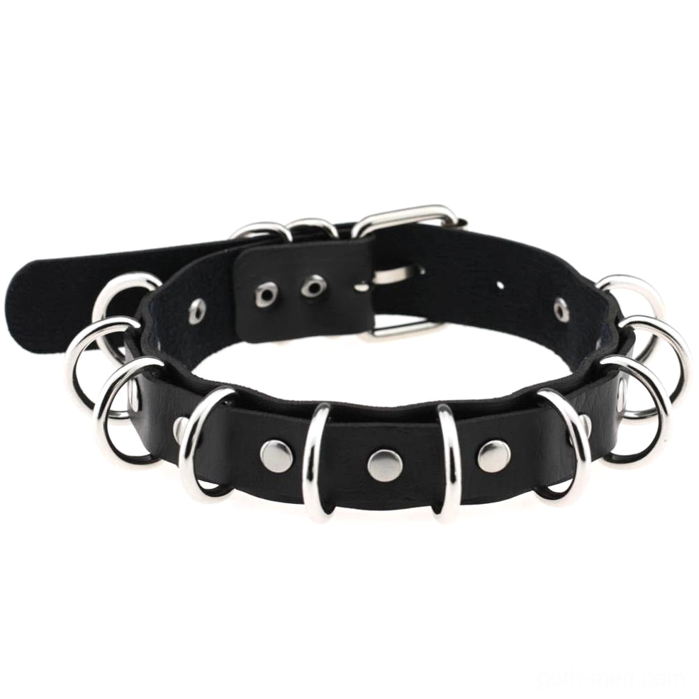 Black faux leather gothic choker with silver metal rings and adjustable link chain closure on white background