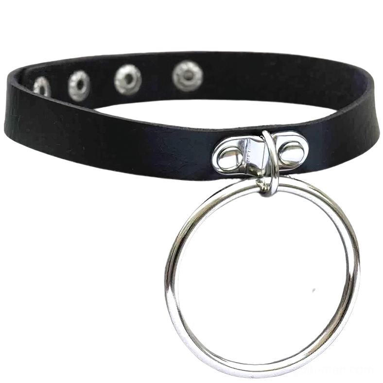 Black double-layer leather gothic choker necklace with circular silver padlock pendant, studio flat lay