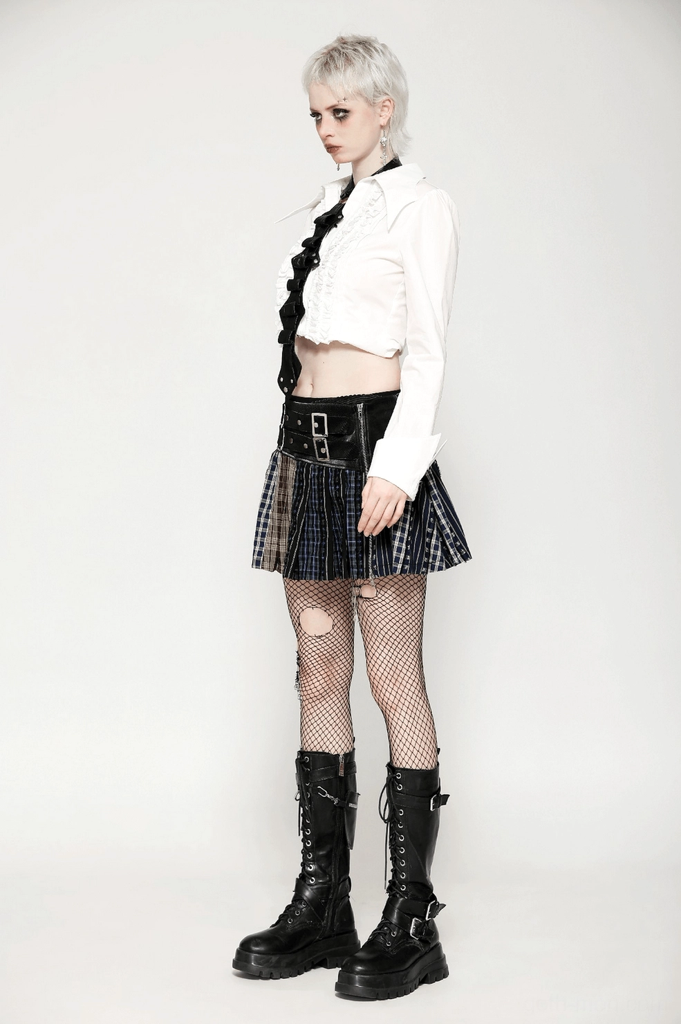 Black leather gothic neck harness with Y-shaped silhouette and silver rivet accents