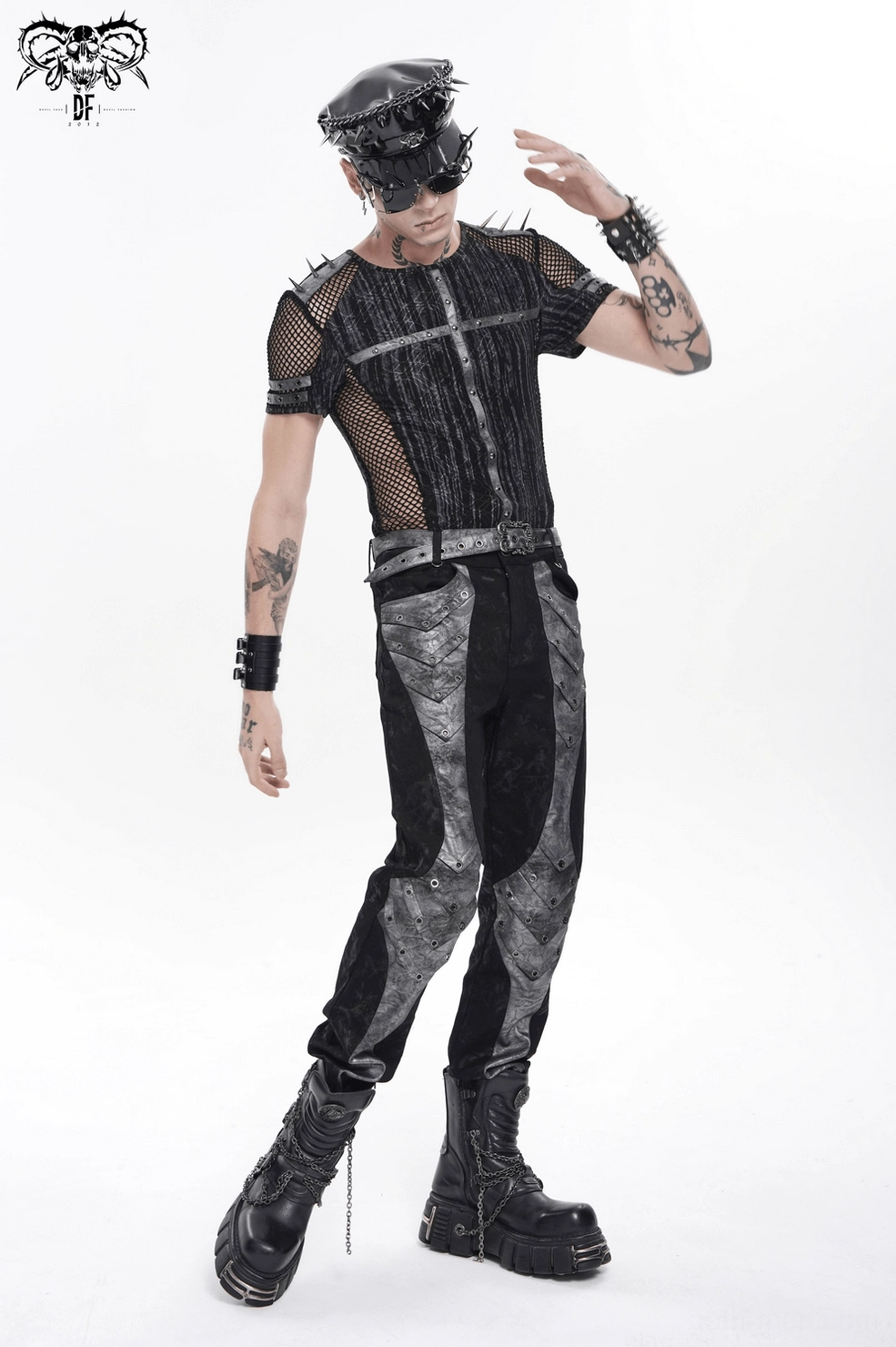 Black goth mesh t-shirt with cross harness styling for alternative fashion