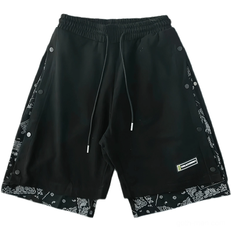 Black paisley-lined shorts flat lay showing drawstring waist closure and gothic print details