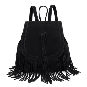 Black goth suede tassel backpack front view with cascading fringe details and tassel closure, ideal for alternative fashion