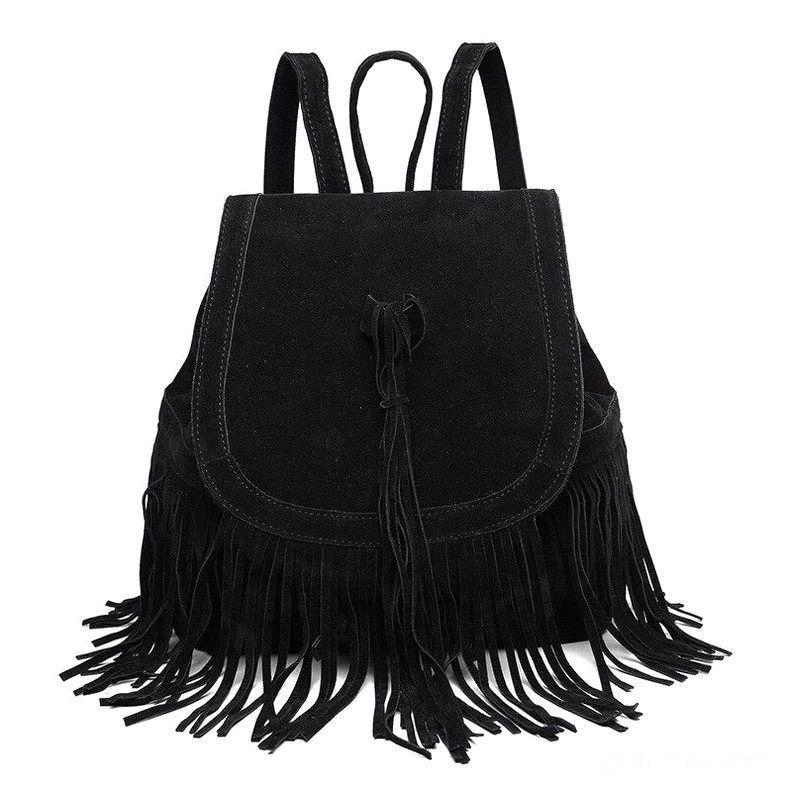 Black goth suede tassel backpack front view with cascading fringe details and tassel closure, ideal for alternative fashion