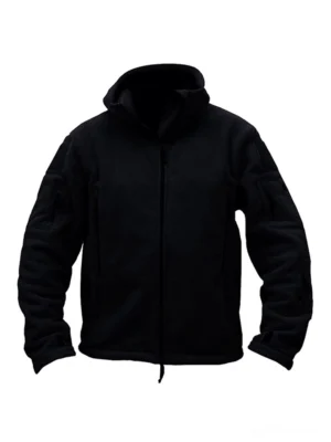 Black fleece tactical hooded jacket front flat view with full zipper closure