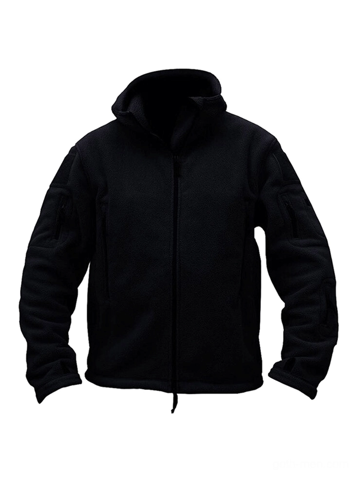 Black fleece tactical hooded jacket front flat view with full zipper closure