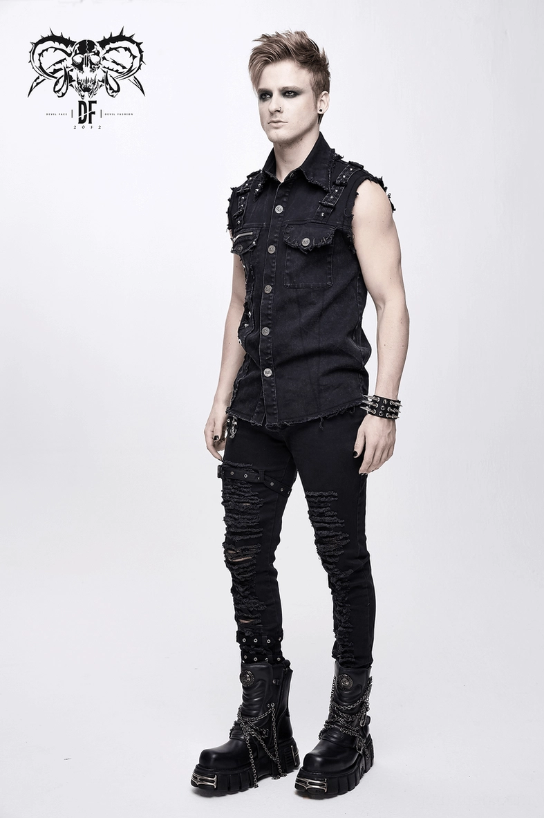 Black gothic alternative denim vest worn styling demonstration with dark aesthetic pairing