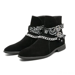 Black gothic faux suede ankle boots front double view with paisley buckle straps and chain hardware accents