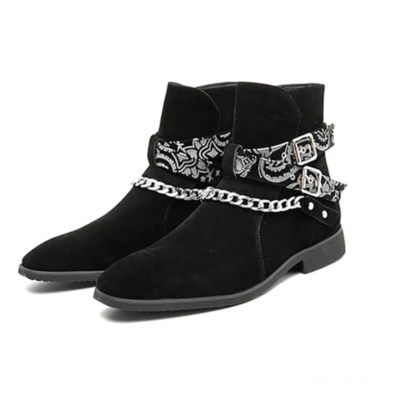 Black gothic faux suede ankle boots front double view with paisley buckle straps and chain hardware accents