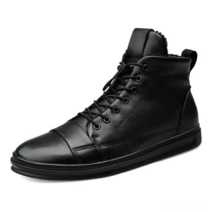 Black leather gothic ankle boots for men - three-quarter front view showing lace-up closure and fuzzy plush collar lining