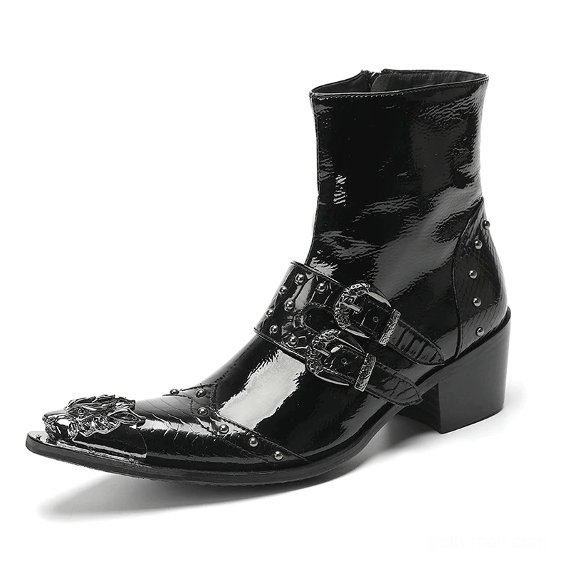 Black pointed toe patent leather gothic ankle boots with metal buckles and geometric cap front three-quarter