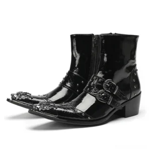 Black pointed toe patent leather gothic ankle boots with dual metal buckles and geometric toe cap side view