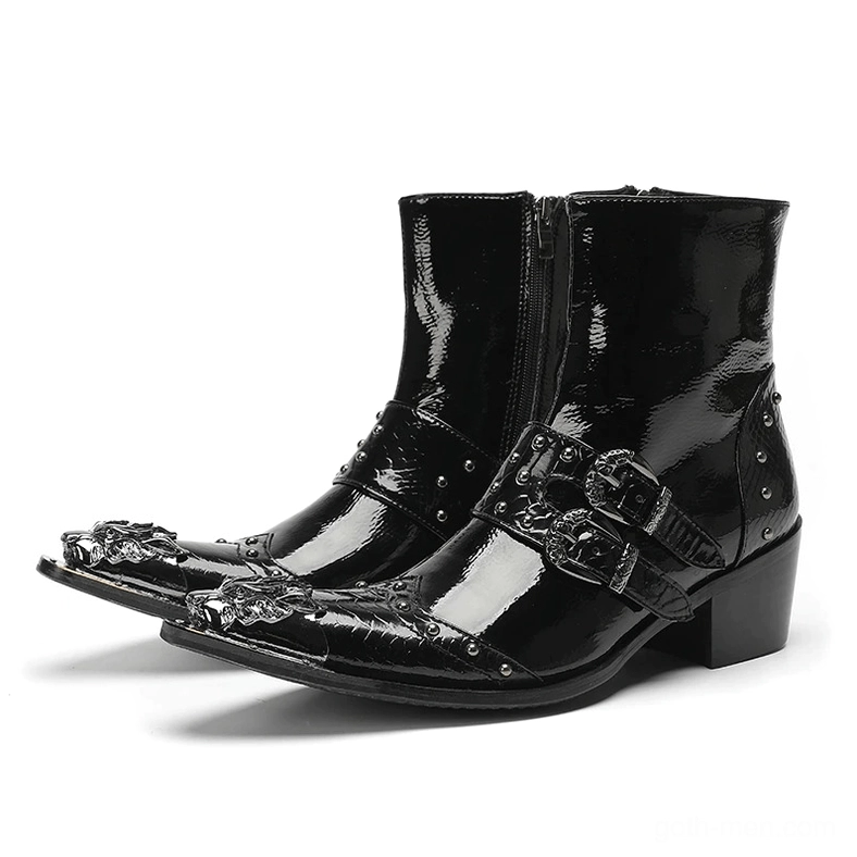 Black pointed toe patent leather gothic ankle boots with dual metal buckles and geometric toe cap side view