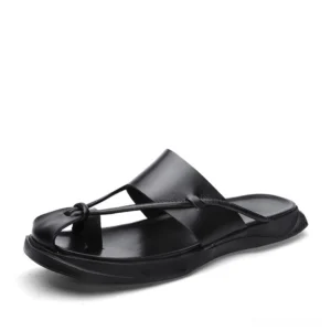 Black genuine leather gothic ankle-wrap sandals with knotted toe strap and anti-slip sole, front three-quarter view