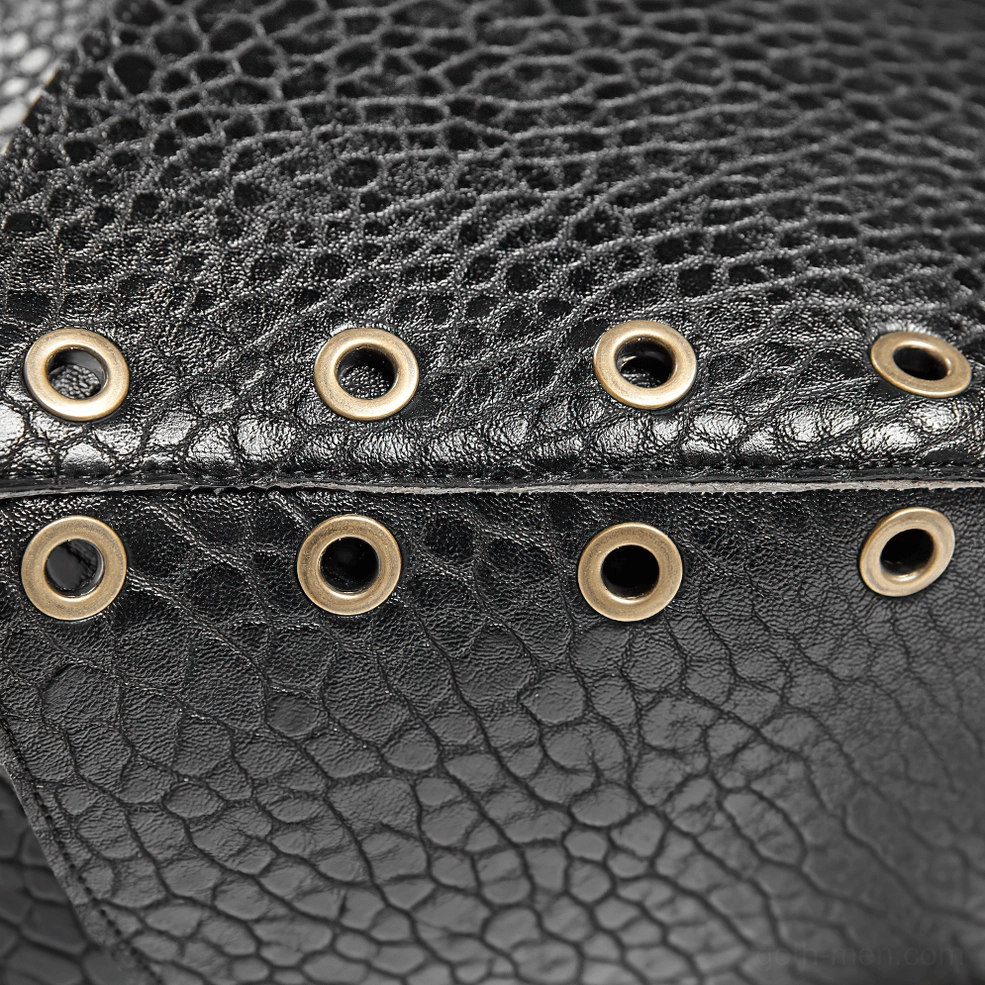 Black gothic leather shoulder armor harness with adjustable buckle straps and structured armor plate detail