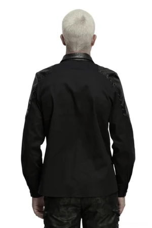 Black gothic twill shirt with studded leather shoulder panels, rear full-body view on male model showing back detail and armor design