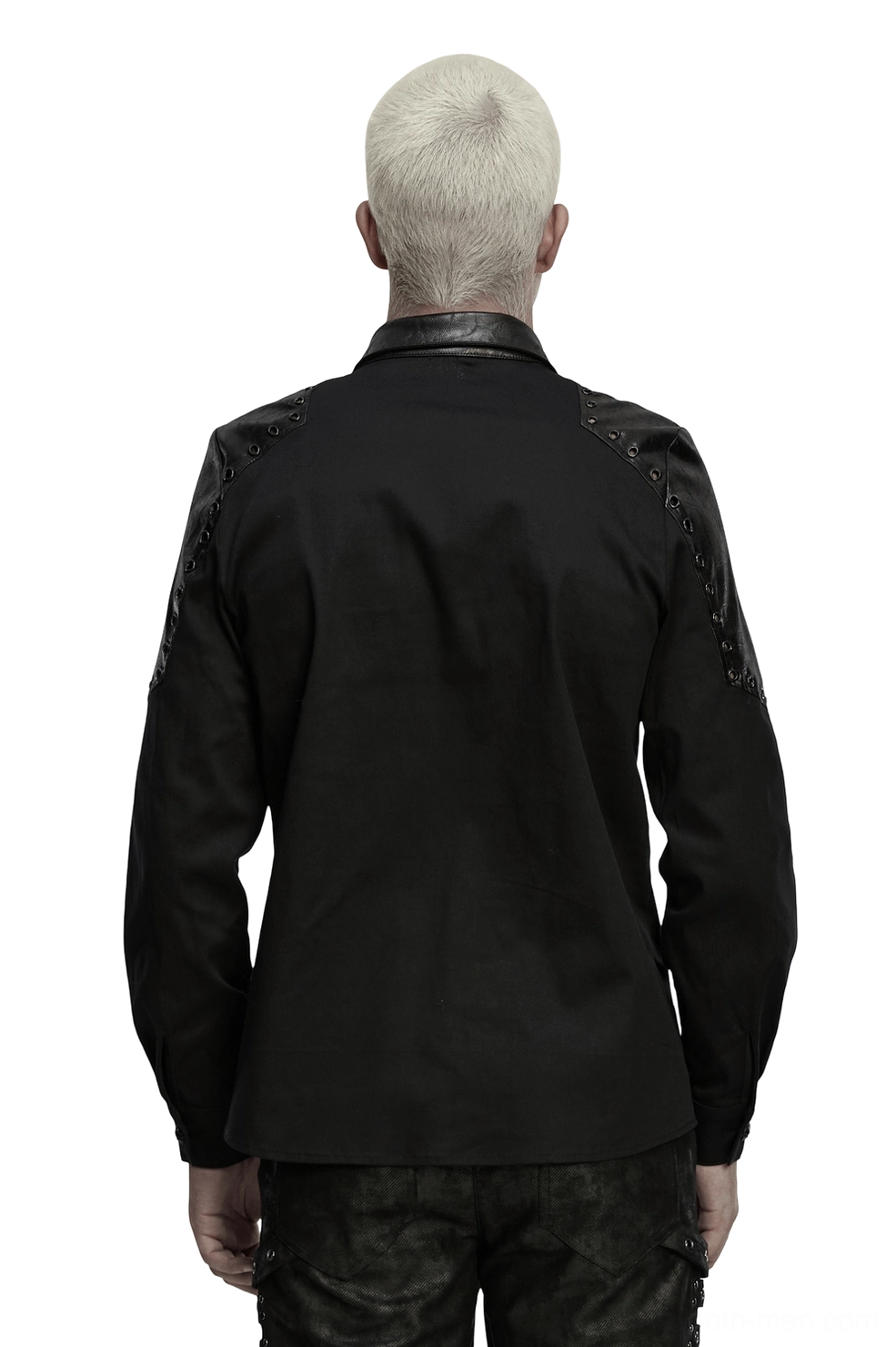 Black gothic twill shirt with studded leather shoulder panels, rear full-body view on male model showing back detail and armor design