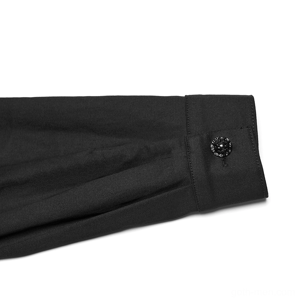 Close-up of black gothic twill shirt cuff featuring skull-shaped decorative button and solid woven fabric construction