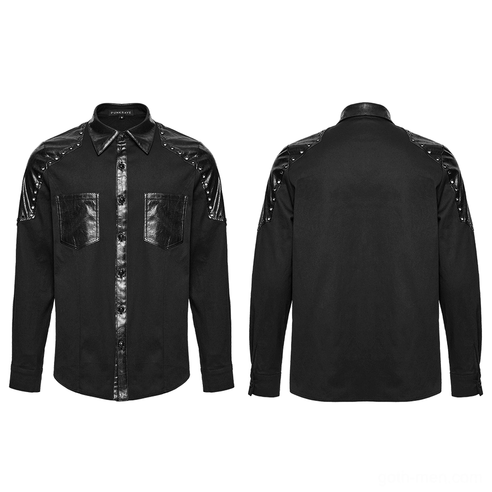 Black gothic twill shirt flat lay displaying front and back views with studded armor shoulders and dual chest leather pockets on white background
