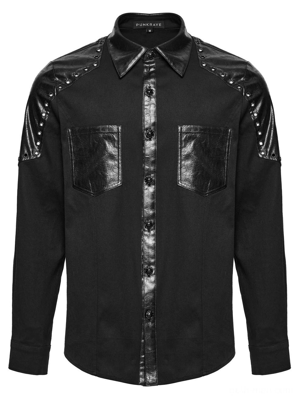 Black gothic twill shirt front flat lay view showing button placket, studded leather shoulders, and decorative chest pockets detail
