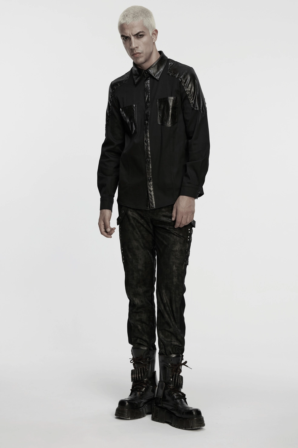 Black gothic twill shirt full product overview showing fitted silhouette, rubberized leather shoulder panels, and punk-gothic styling