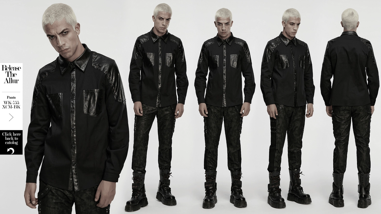 Black gothic armor twill shirt showing textured faux leather panels, decorative metal hardware, and alternative fashion design details