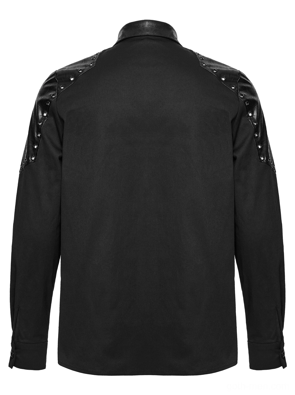 Black gothic twill shirt rear flat lay view showcasing the segmented armor-style studded leather shoulder panels in full detail