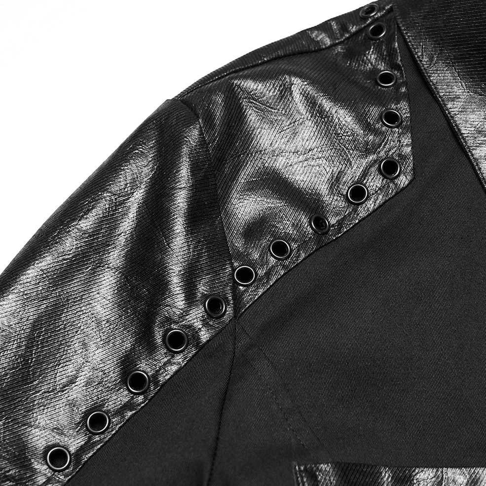 Close-up of armor shoulder detail showing shiny textured faux leather material with metal stud grommet trim and eyelet embellishment
