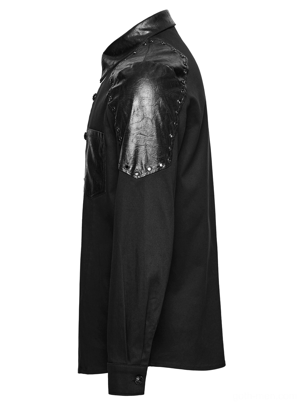 Black gothic twill shirt side flat lay view highlighting the studded faux leather shoulder panel and long fitted sleeve construction