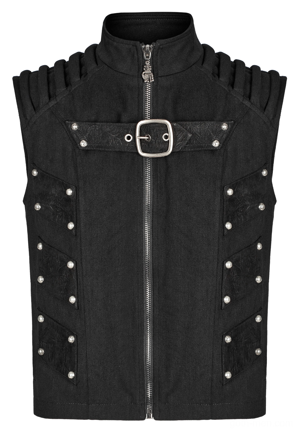 Black studded gothic vest rear flat lay perspective, displaying pleated shoulder architecture and solid black back panel design