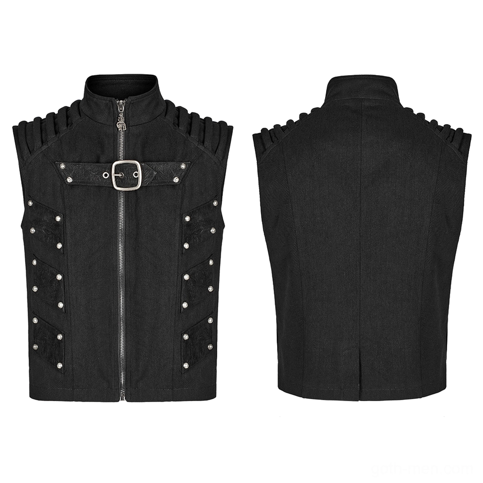 Black studded gothic vest flat lay front and rear dual view, showing pleated shoulders, studded hardware details, and structured silhouette