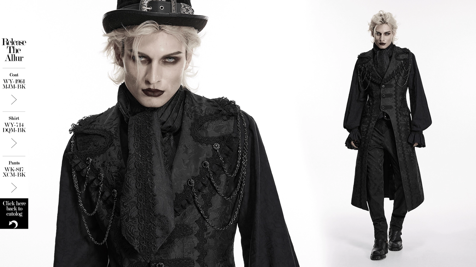 Black gothic ascot tie neckwear showing complete design with jacquard pattern and decorative lace panel