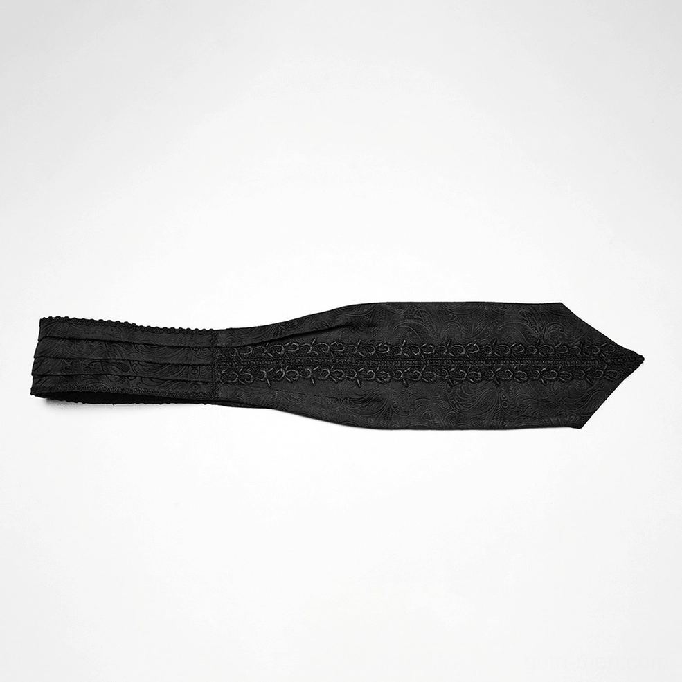 Black gothic ascot tie side flat lay showing folded design with embroidered decorative strip