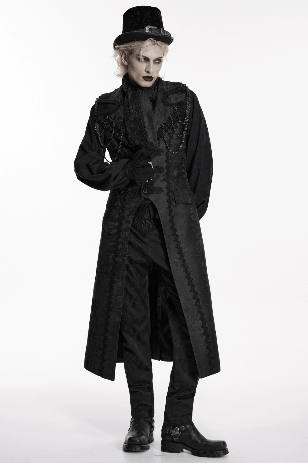 Black gothic ascot tie styled with formal attire, showcasing elegant drape and lace embroidery integration