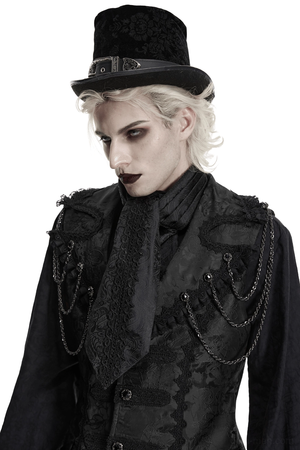 Male model wearing black gothic jacquard ascot tie with waistcoat and top hat, left three-quarter studio view