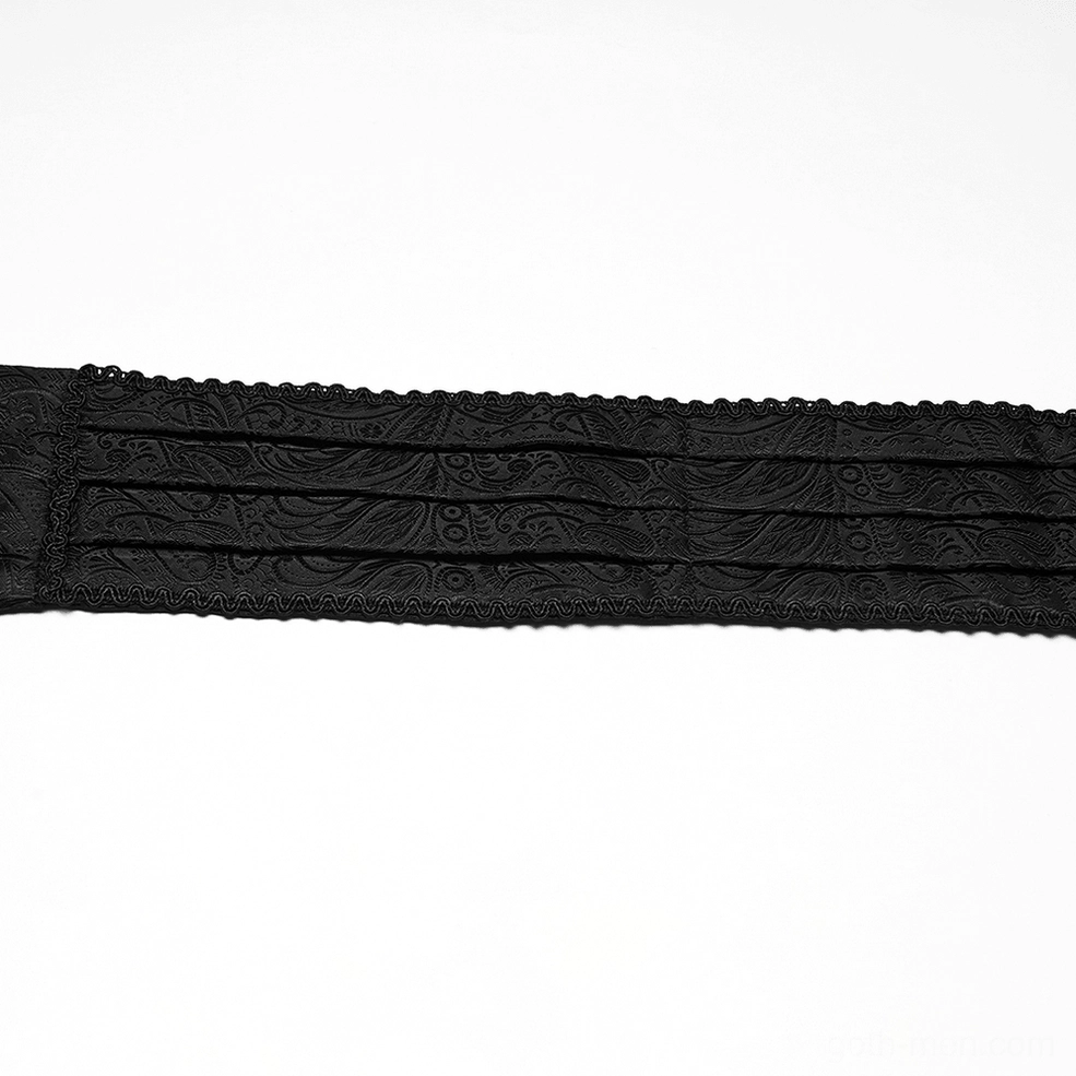 Black gothic ascot tie side flat lay displaying pleated front and delicate lace trim edge detail