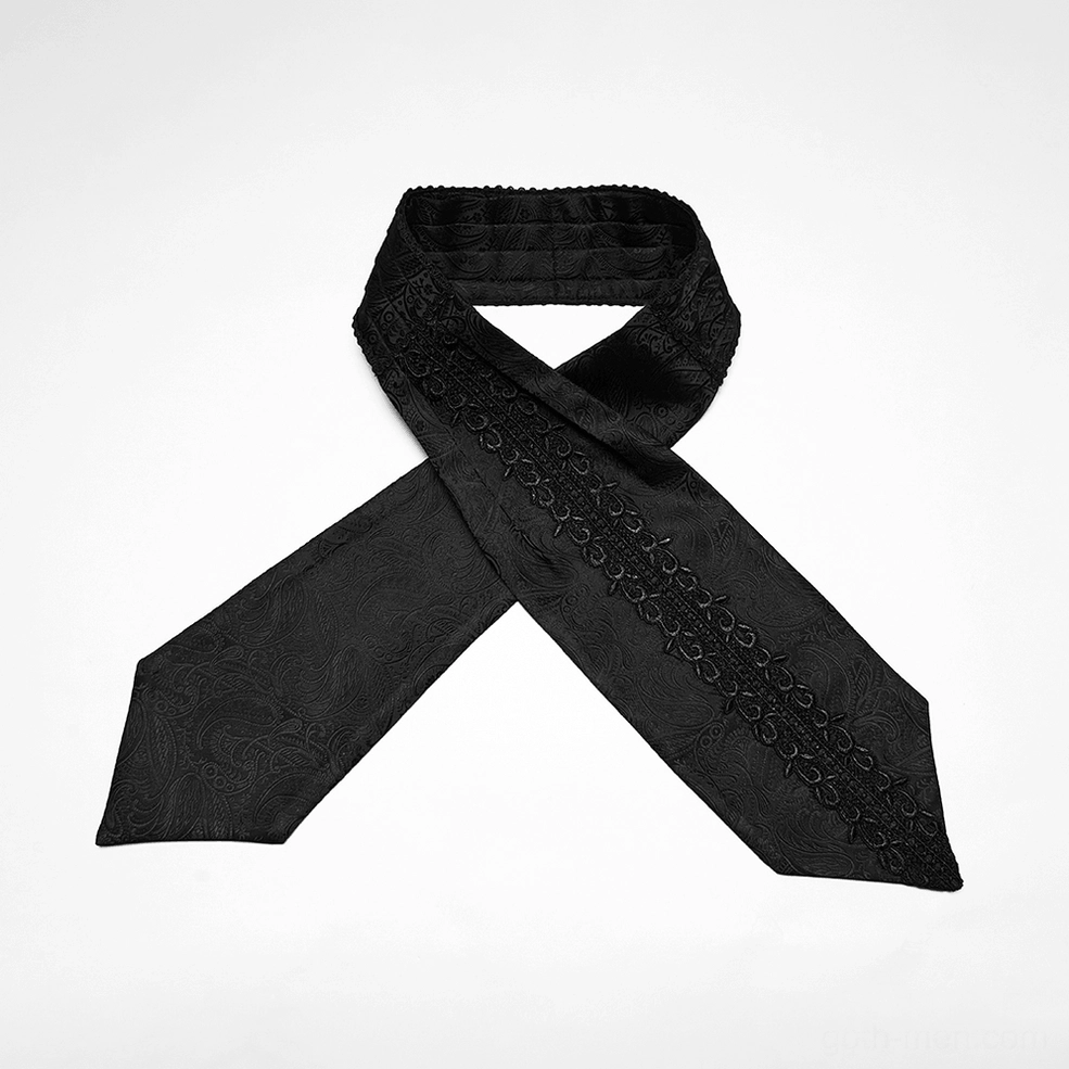 Black gothic ascot tie top-down flat lay view showing crossed design with embroidered central trim details