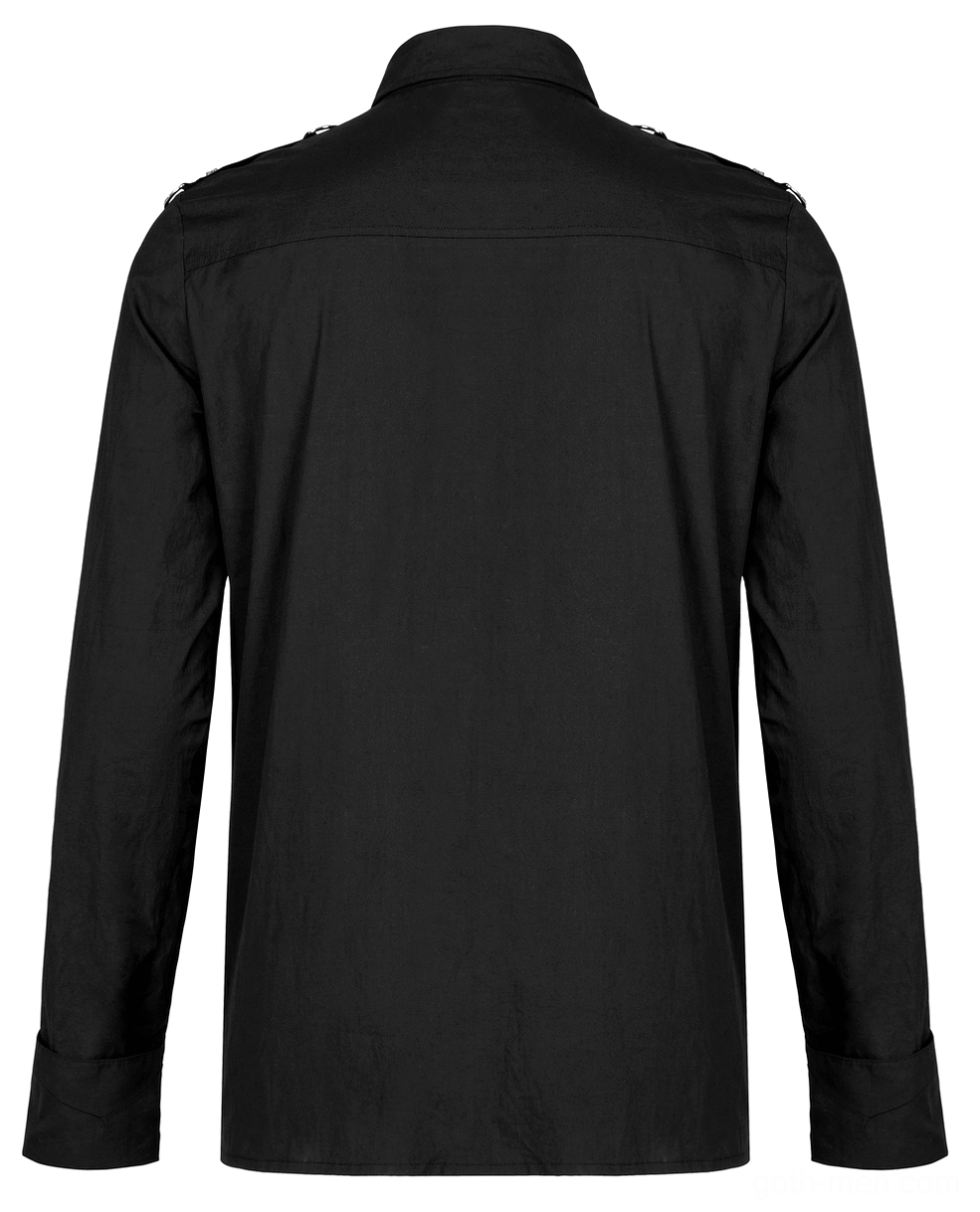 Black gothic asymmetric shirt rear flat lay view displaying simple solid back with shoulder metal hardware details
