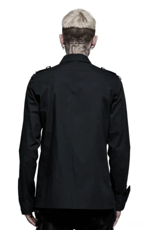 Black gothic punk asymmetric shirt rear back full view on male model showing minimalist design with shoulder hardware