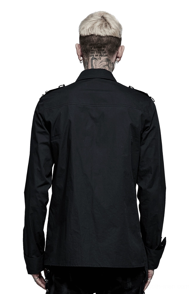 Black gothic punk asymmetric shirt rear back full view on male model showing minimalist design with shoulder hardware