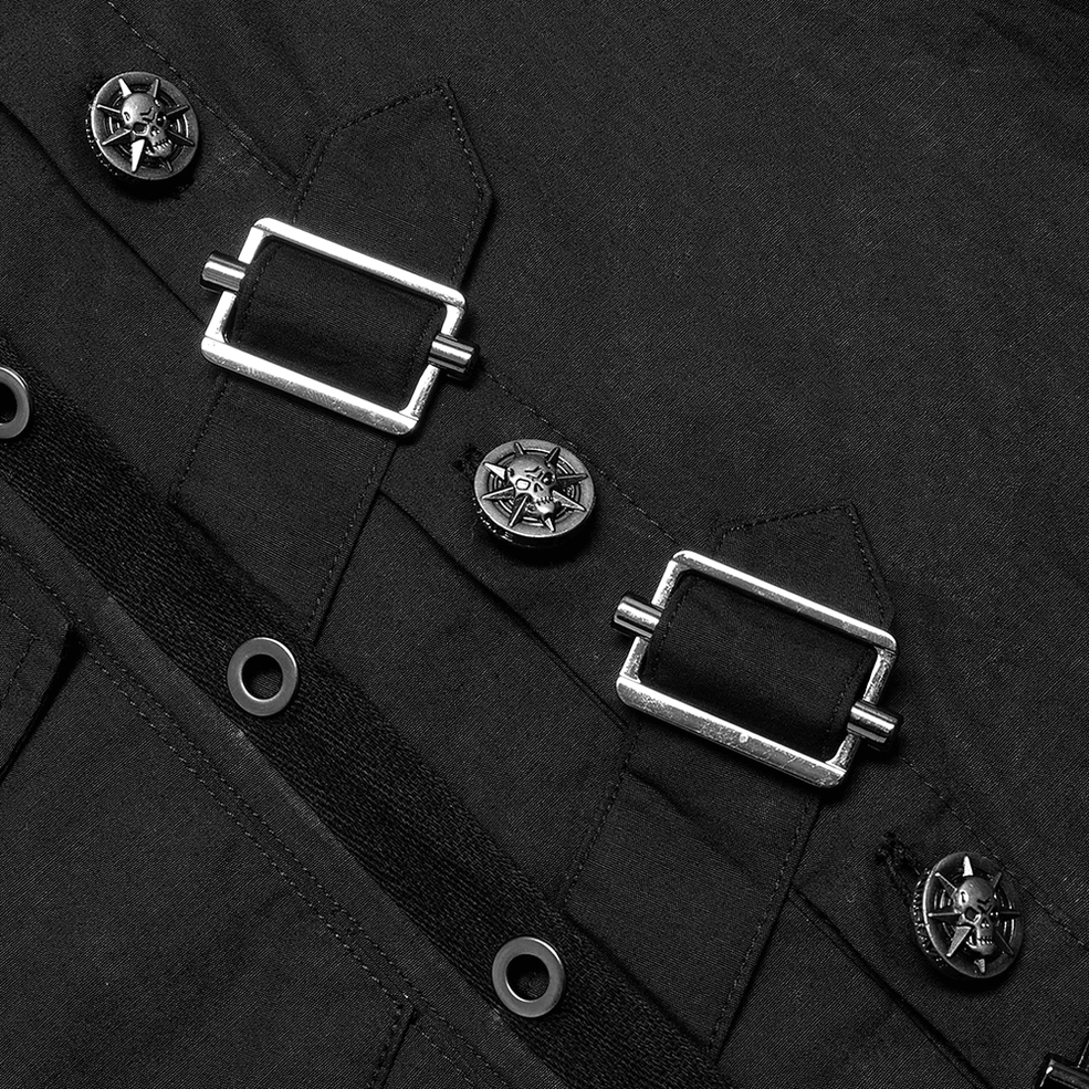 Black gothic asymmetric hardware shirt metal strap buckles and pentagram button embellishments close-up detail
