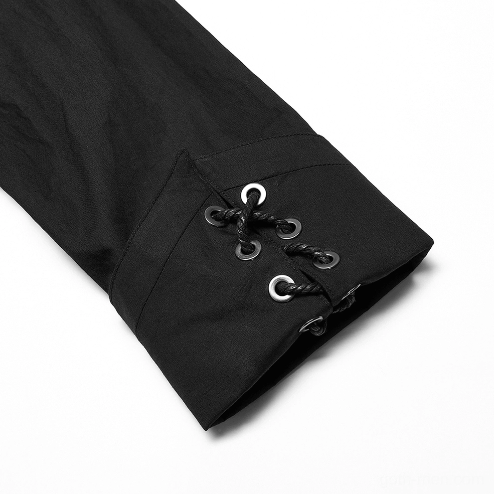 Black gothic asymmetric shirt cuff close-up detail showing lace-up grommet design and adjustable closure system