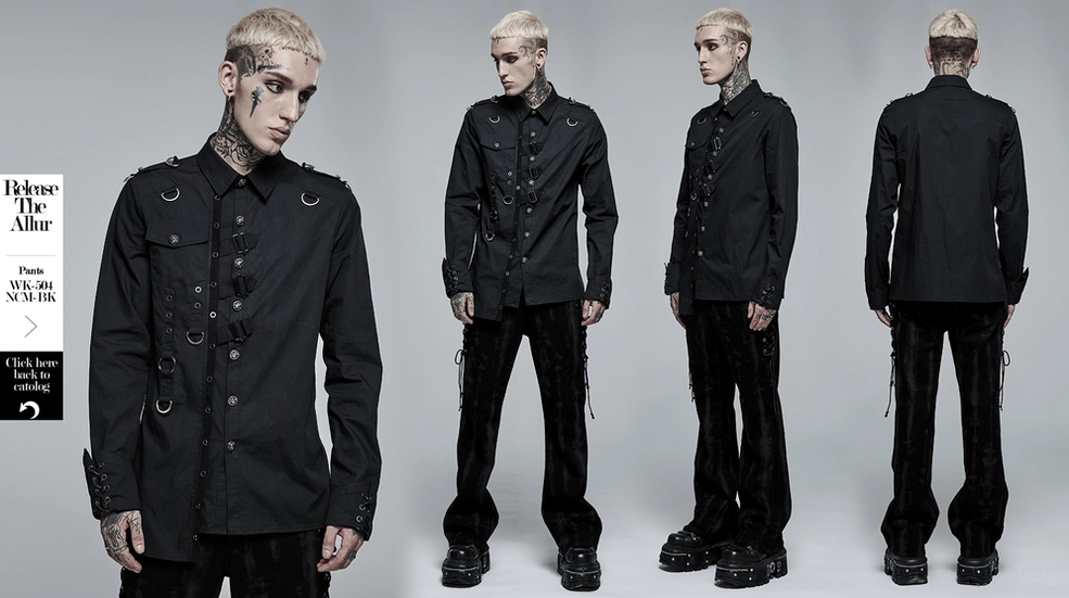 Black gothic asymmetric hardware shirt detailed view showcasing premium cotton fabric and stitching construction quality