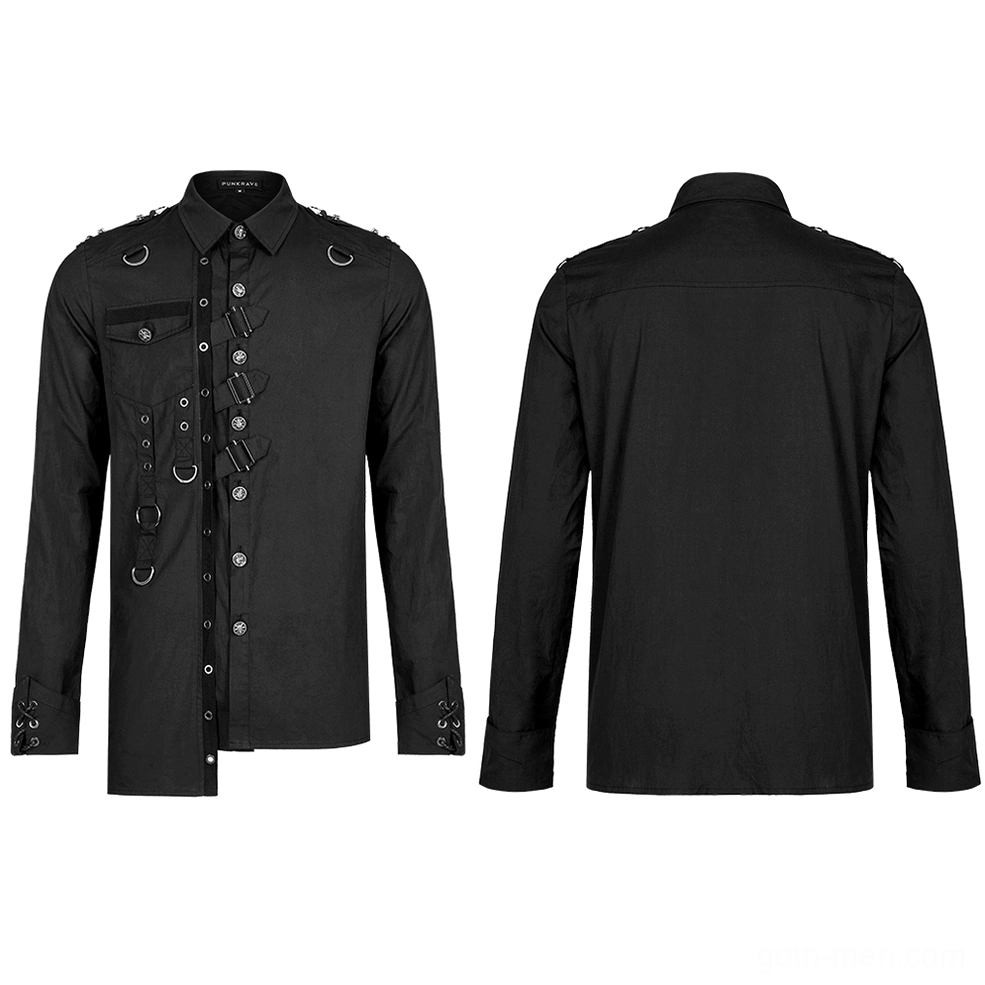 Black gothic asymmetric hardware shirt flat lay front and back display showing metal buckles grommets and pentagram details