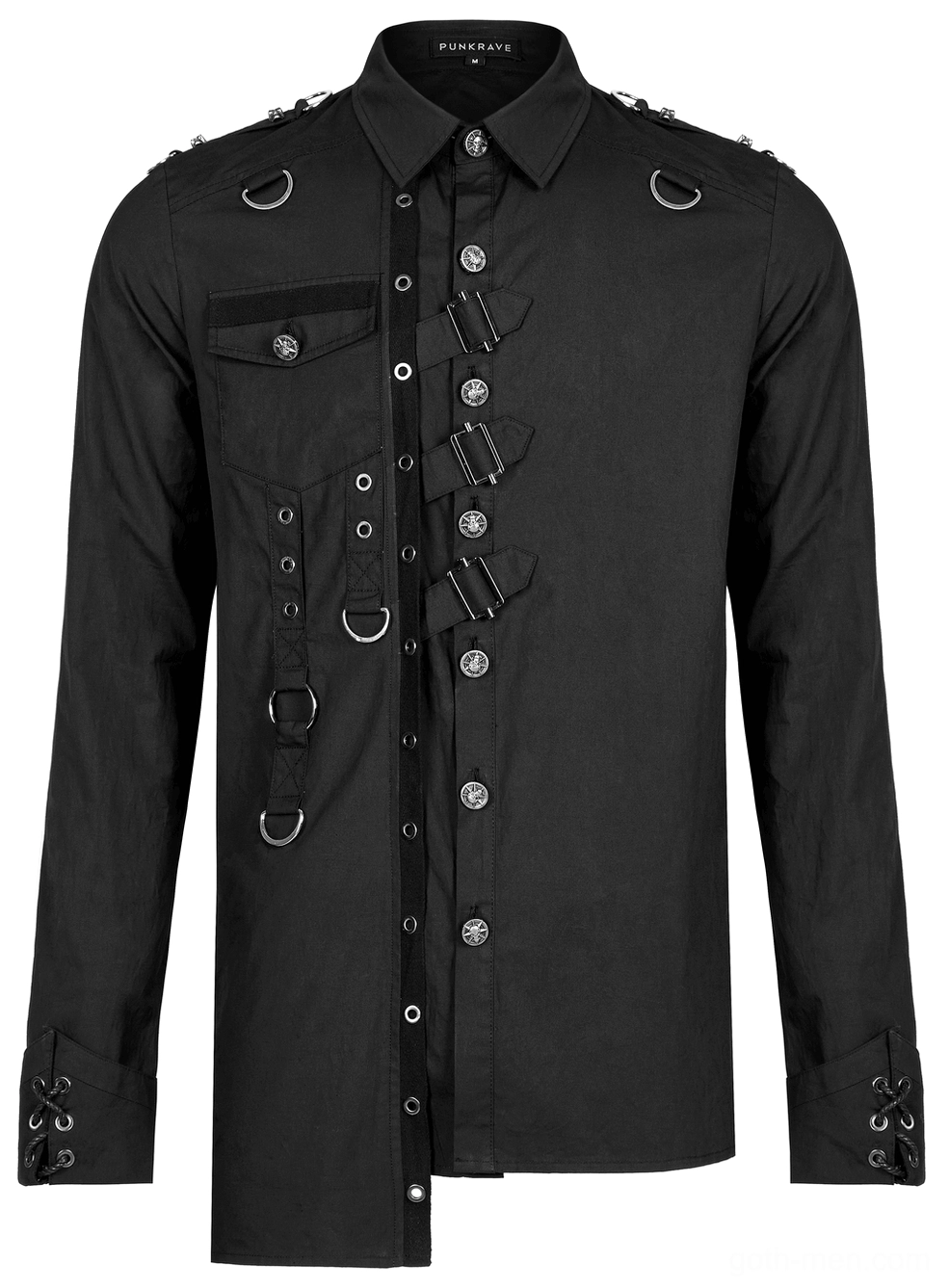 Black gothic asymmetric shirt front flat lay display highlighting decorative grommets and buckle placements
